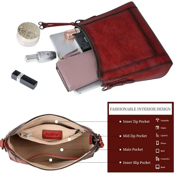 Women Wine Genuine leather Imported Purses Handbag Crossbody Bags - Picture 6 of 7